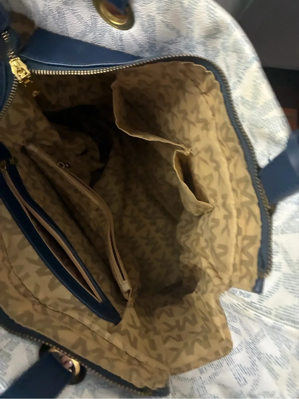 Michael Kors Cream & Navy MK Logo Canvas Tote with Gold Accents